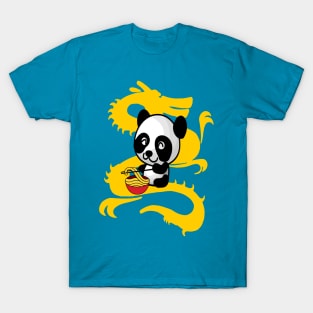 Panda Eating Noodles with a Chinese Dragon Background T-Shirt